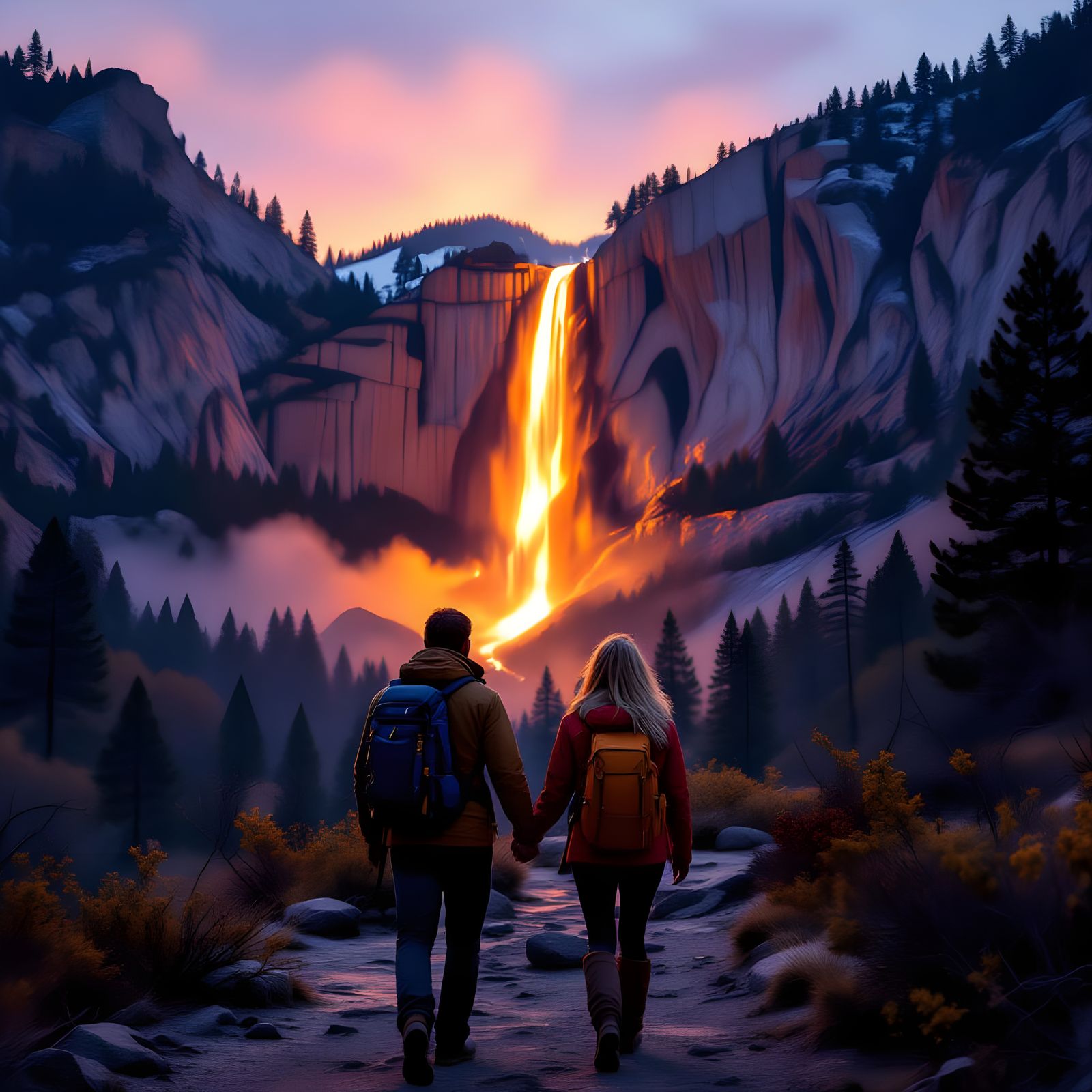 Fiery Horsetail Fall Illuminates Couple's Walk