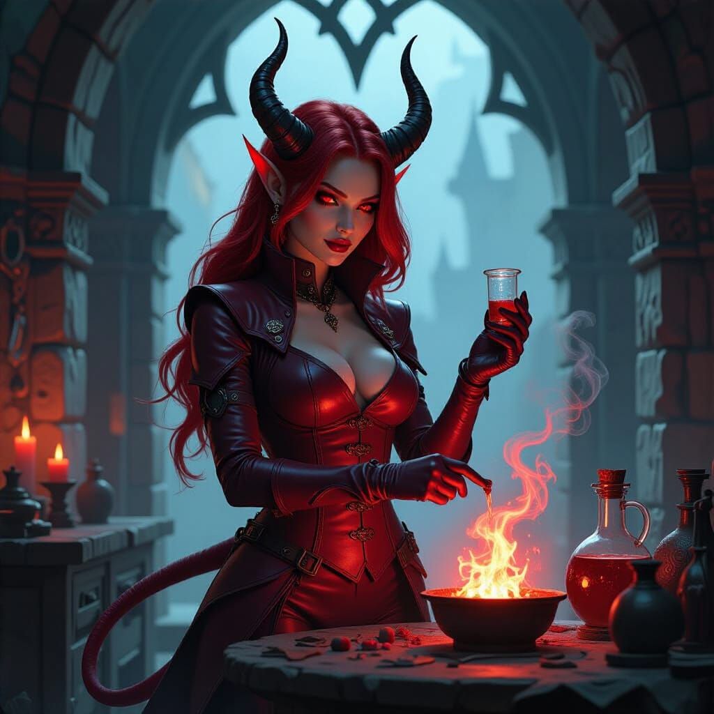 Tiefling Alchemist Mixing Concoctions in Gothic Laboratory