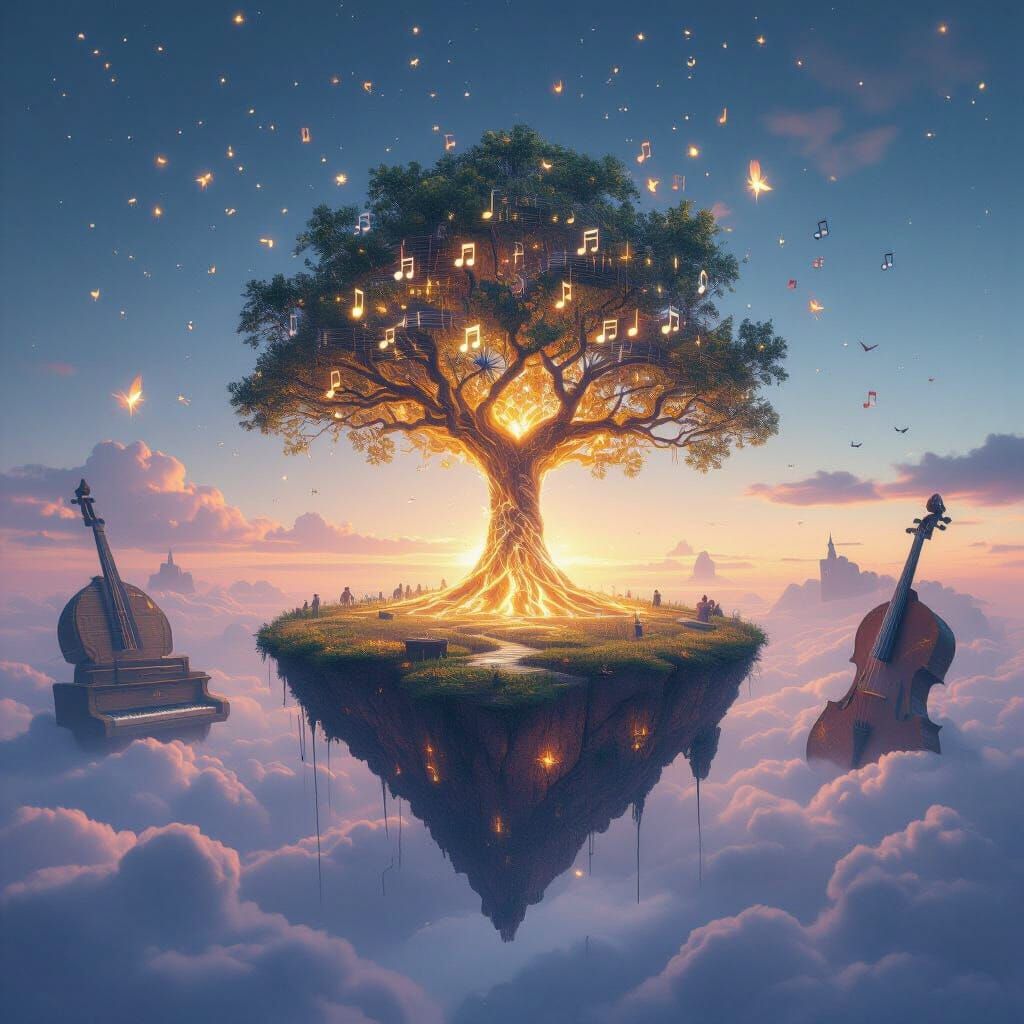 Floating Island of Musical Dreams in Twilight Sky
