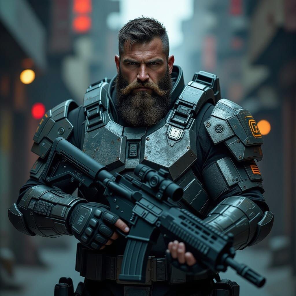 Battle-Hardened Bodyguard in Industrial Armor