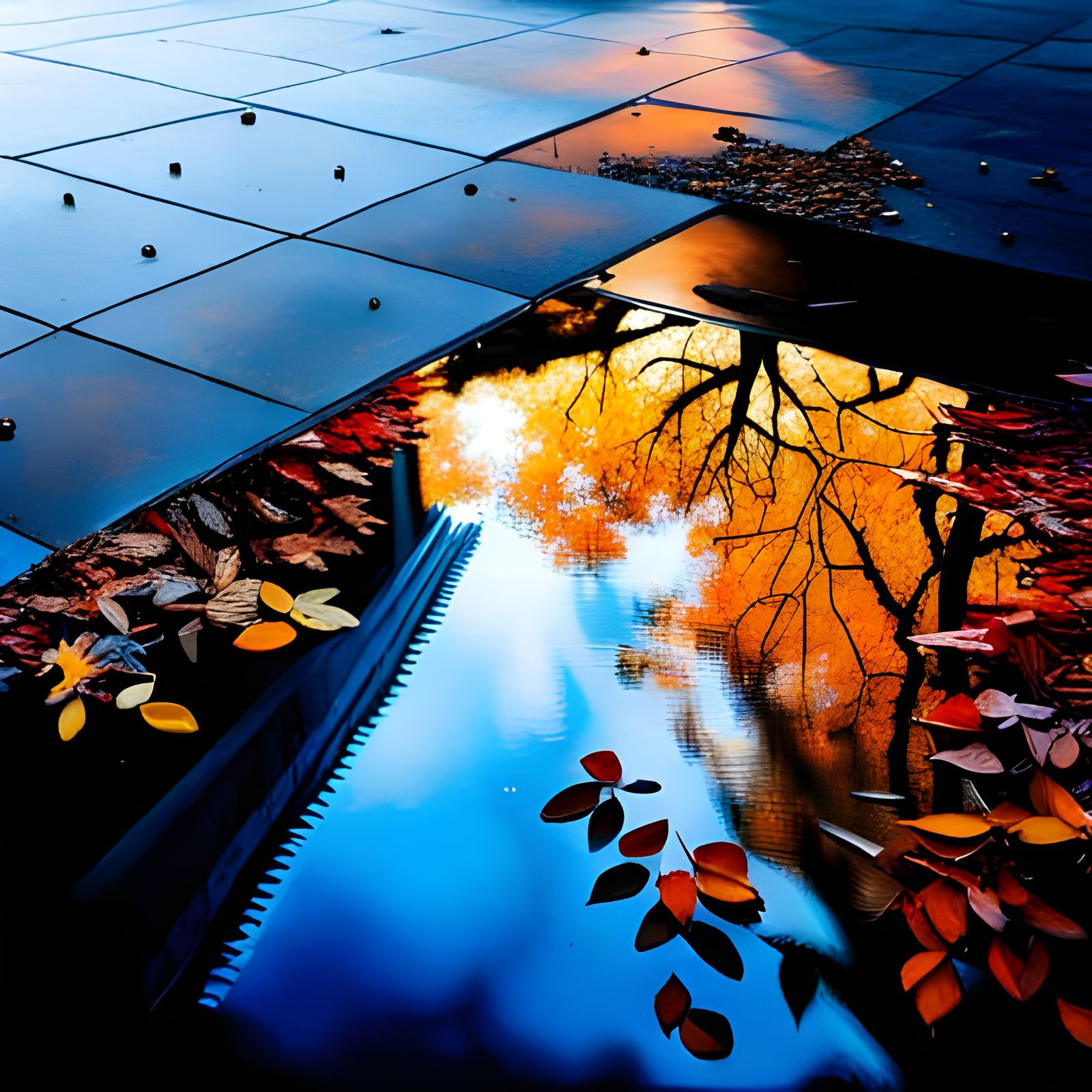 Rainy Cityscape Reflection in Hyperrealistic Street Art