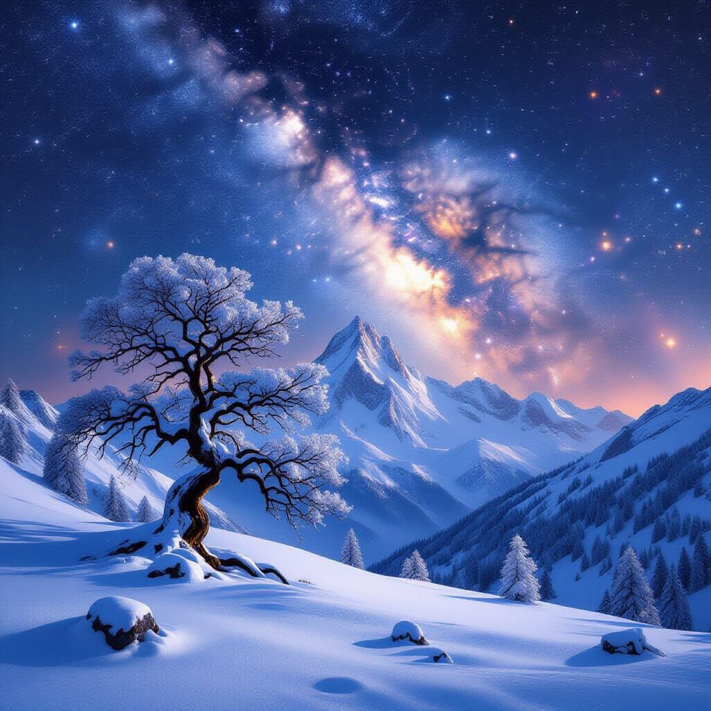 Majestic Snowy Mountains Under Nebula Sky with Ancient Tree