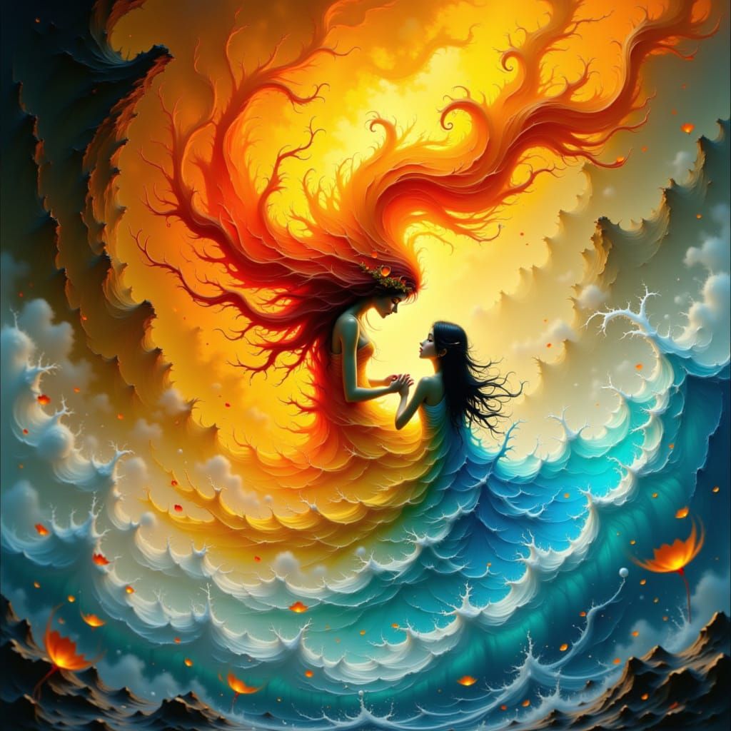 Fire and Water Spirits Embrace in Steamy, Whimsical Fusion