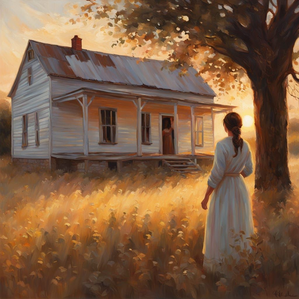Woman at Farmhouse in Golden Light: An Oil Painting