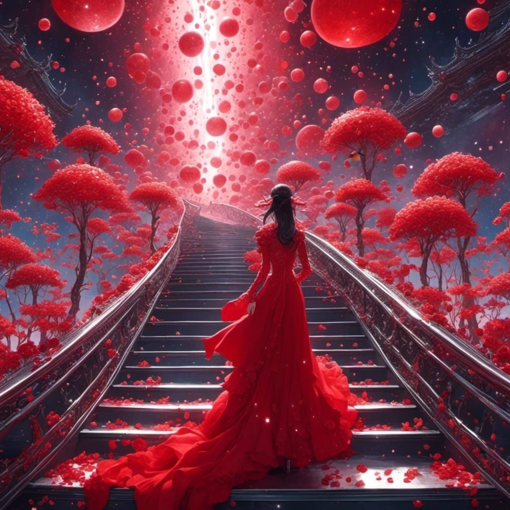 Alluring Girl in Red Dress with Veil and Hairpins