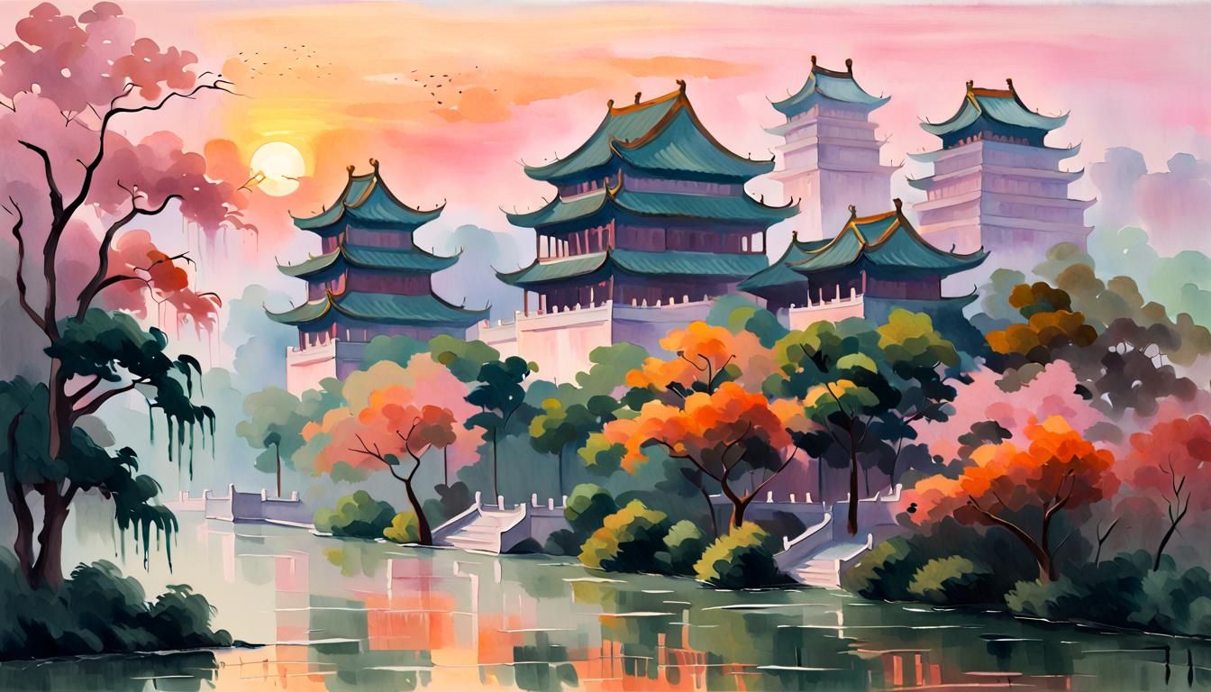 Chinese Palace at Sunset: Impressionist Watercolor