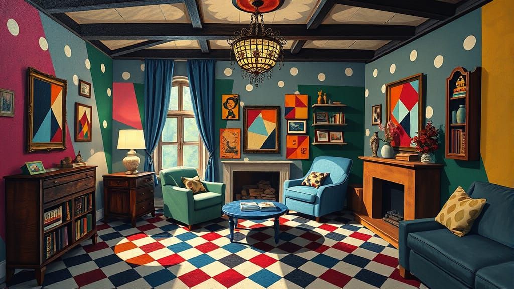 Cubist Attic in Polka Dots, Geometric Art Deco Style