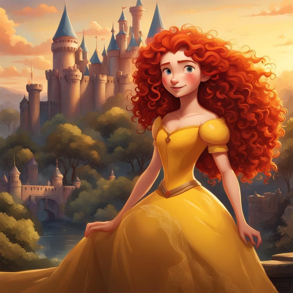Merida as Belle in a Vibrant Castle Scene, with Ultra Detail...