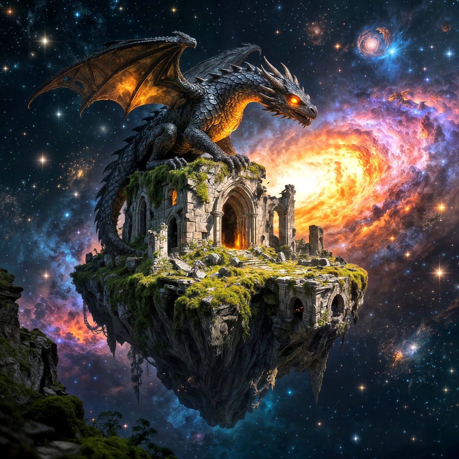Ancient Dragon on Floating Ruin in Cosmic Nebula
