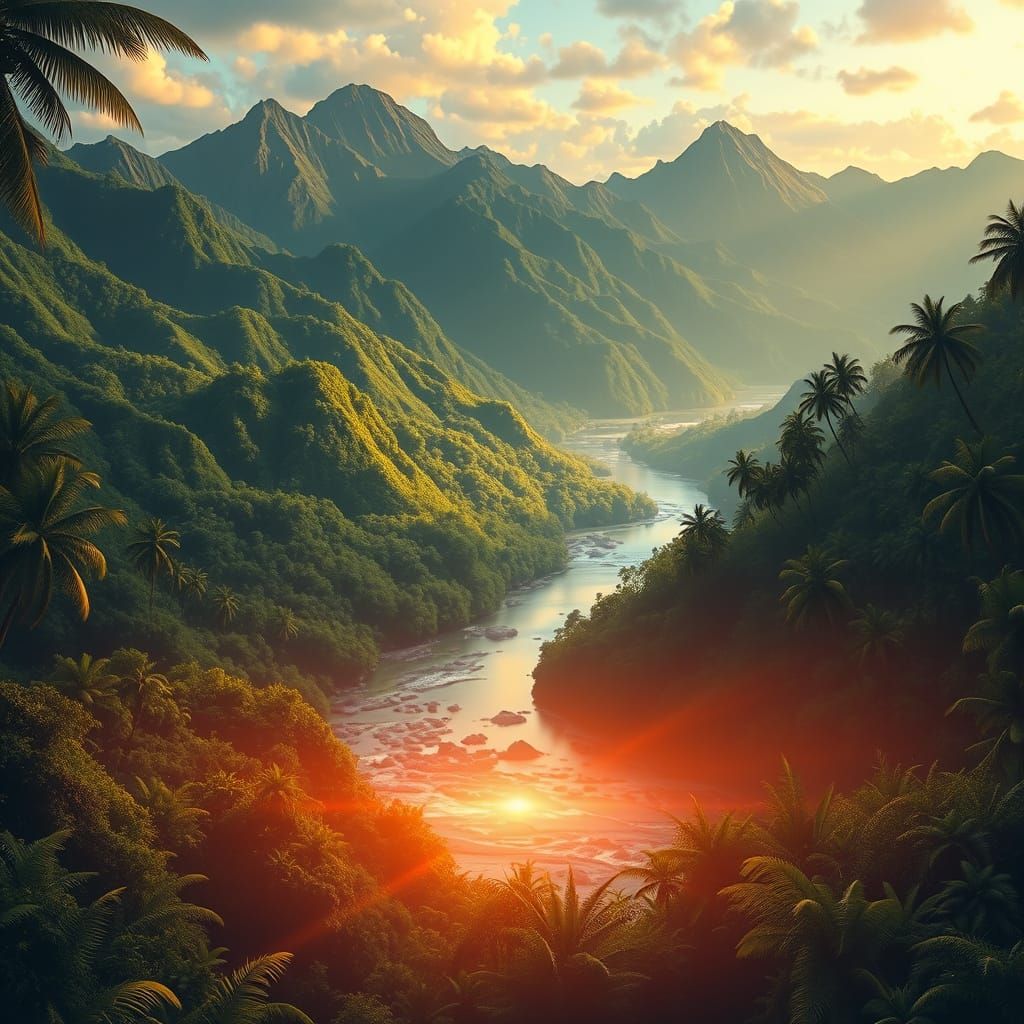 Lush Polynesian Paradise at Dawn, Vibrant Digital Art