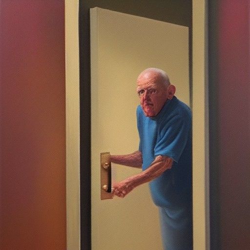 Elderly Person in Bathroom Stall as Oil Painting