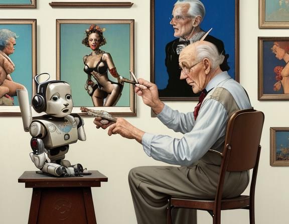 Elderly Man Teaches Art to Robot in Rockwell Style
