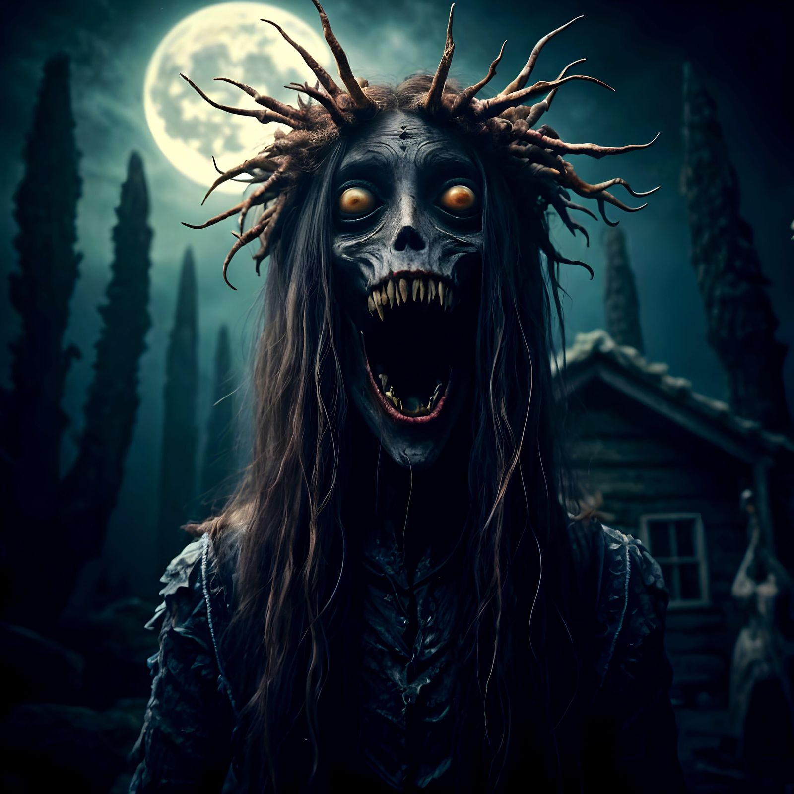 Whimsical Autumn Witch in Moonlit Cottage Digital Art