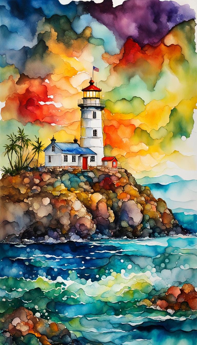 Lighthouse in Gouache Style, Watercolor Impressionist Painti...