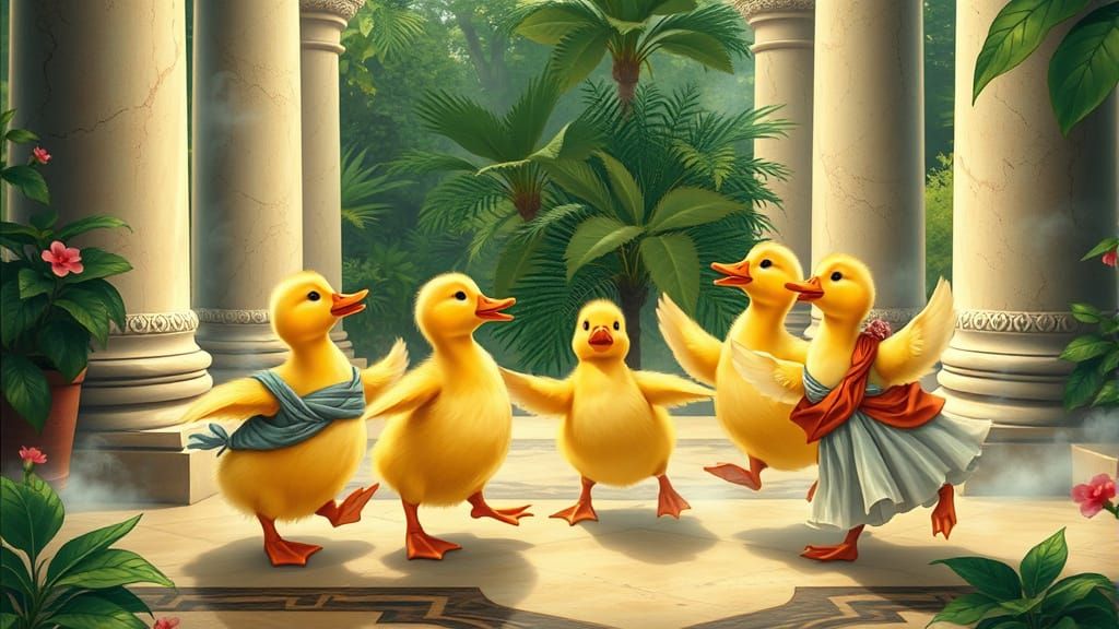 Dancing Ducklings in Greek Bathhouse, Art Nouveau Style