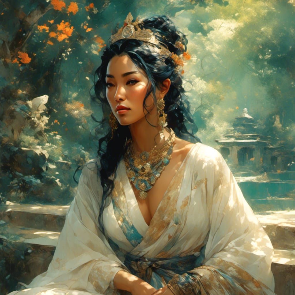 Elegant Woman in Zen Garden, Graphic Novel Style