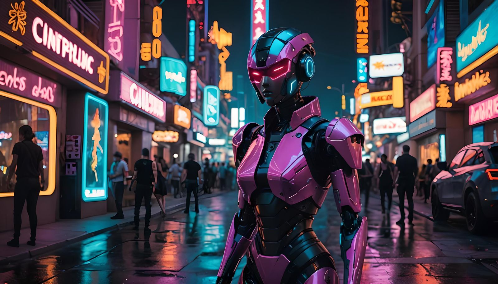Cyberpunk Robot in Neon Las Vegas Street