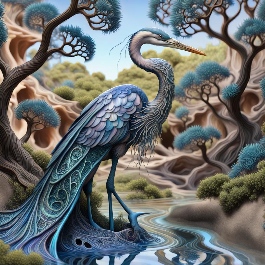 Photorealistic Bioluminescent Garden with Heron Statues