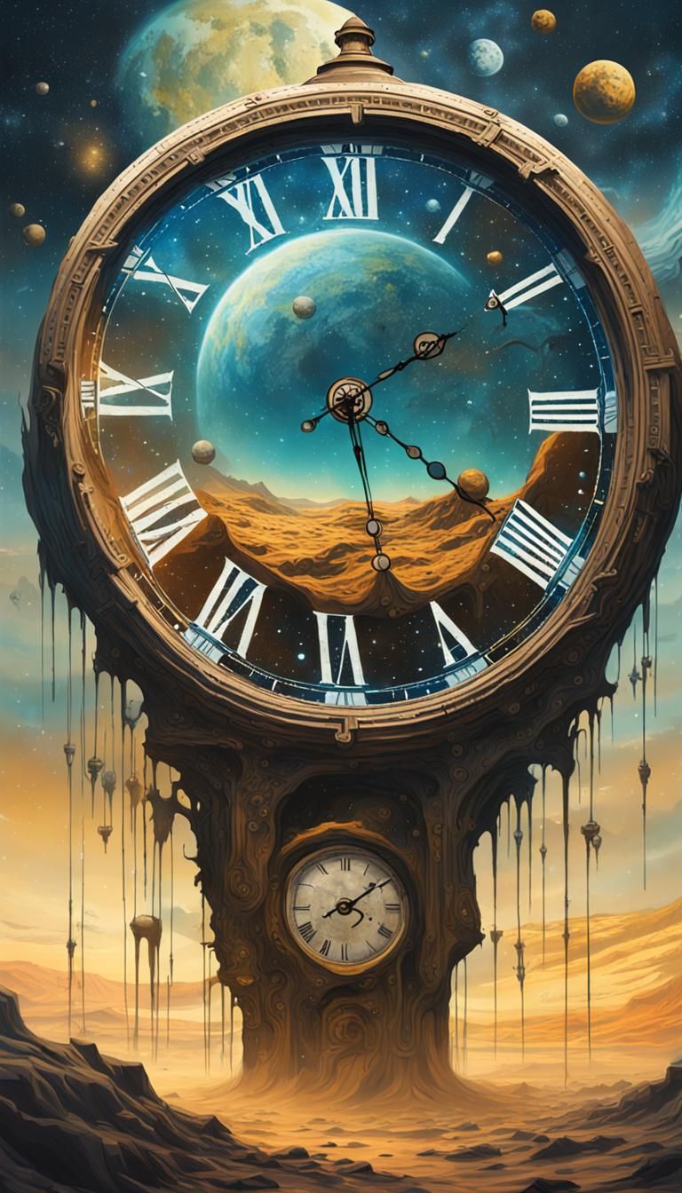 A gigantic, haunted clock floating in  outer space. Star field Retro sci-fi aesthetic. Abandoned deserted. Dynamic and e...