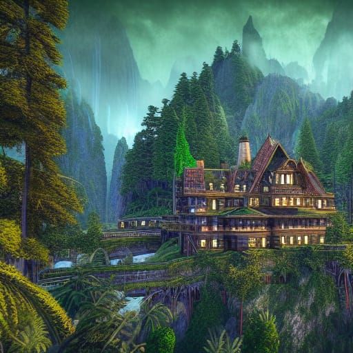 Mountain Mansion-Fort with Waterfalls in Hyperdetailed Style