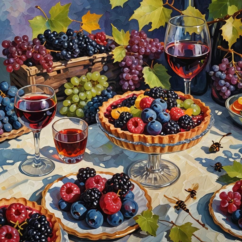 Neo-Impressionist Fruit Tart with Berries and Bees