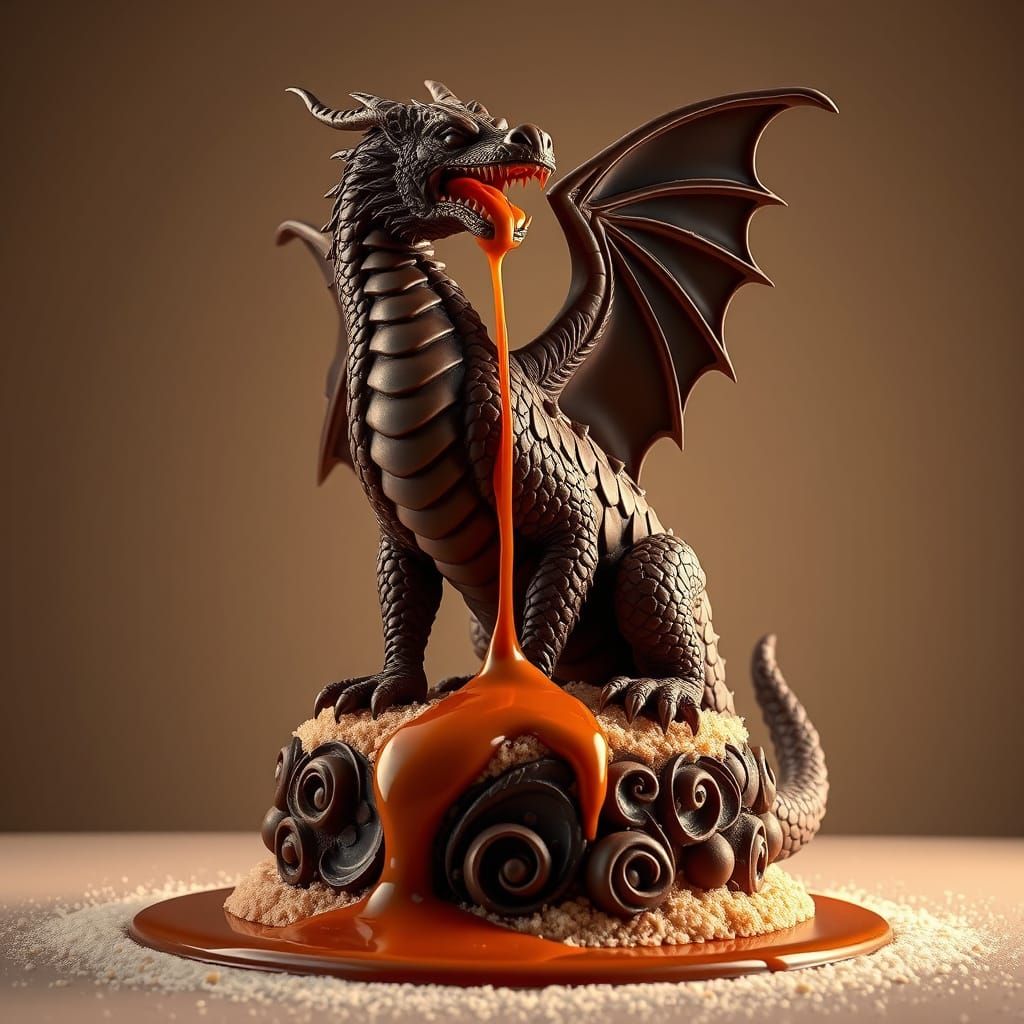 Majestic Chocolate Dragon Sculpture in Hyperrealistic Style
