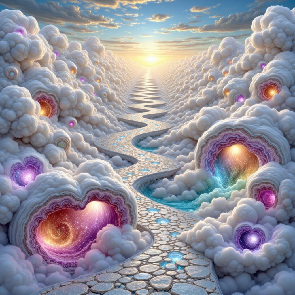 Surreal Cloud Realm with Ruby Geodes and Prismatic Light