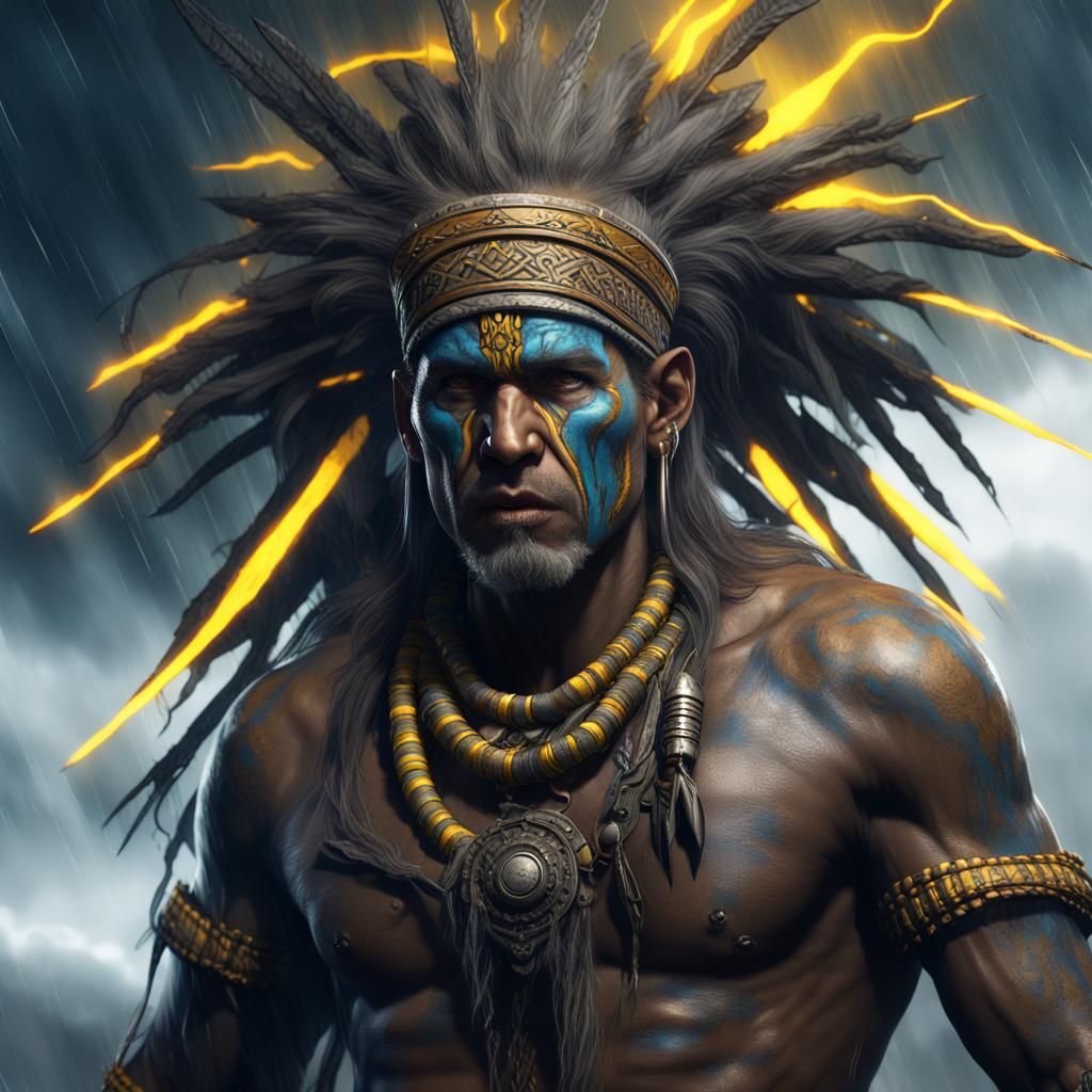 Ethereal Tribal Warrior in Lightning Storm