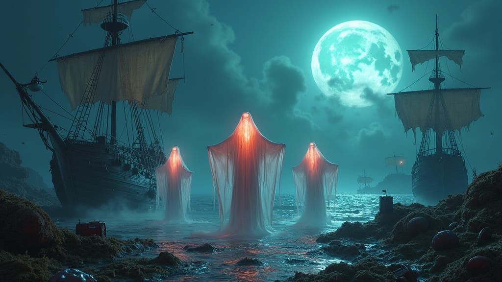 Ethereal Pirate Specters in Moonlit Oceanic Realm