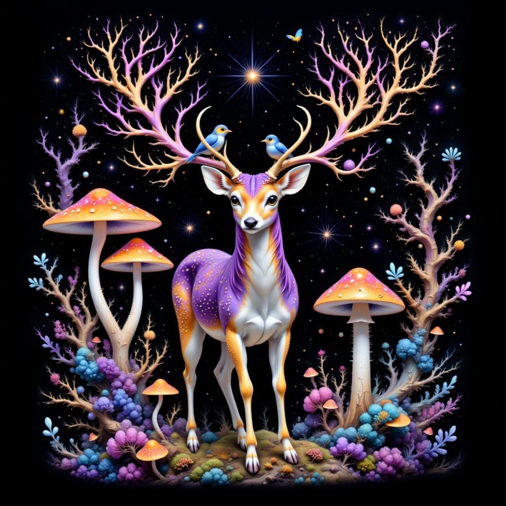 Deer with Birds in Hyperkraximalismus Mushroom Landscape