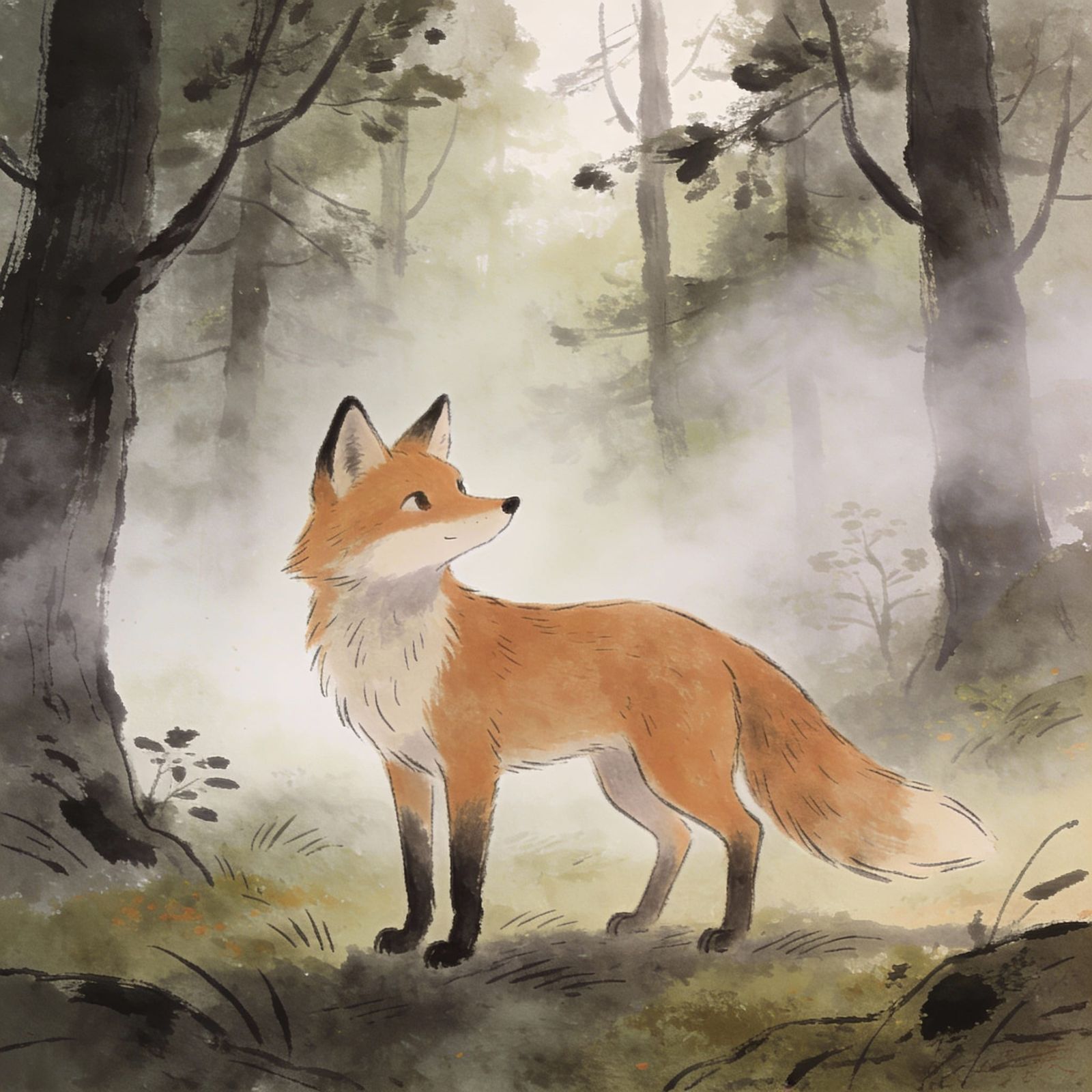Stylized Ink Drawing of a Fox Listening in a Mystical Forest