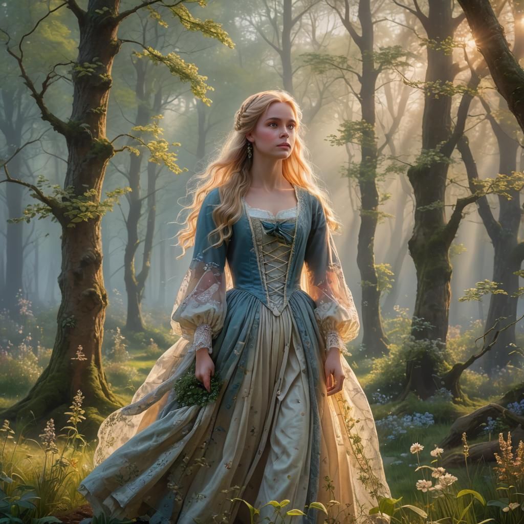 Spring Forest Sunrise with Woman in 18th Century Dress