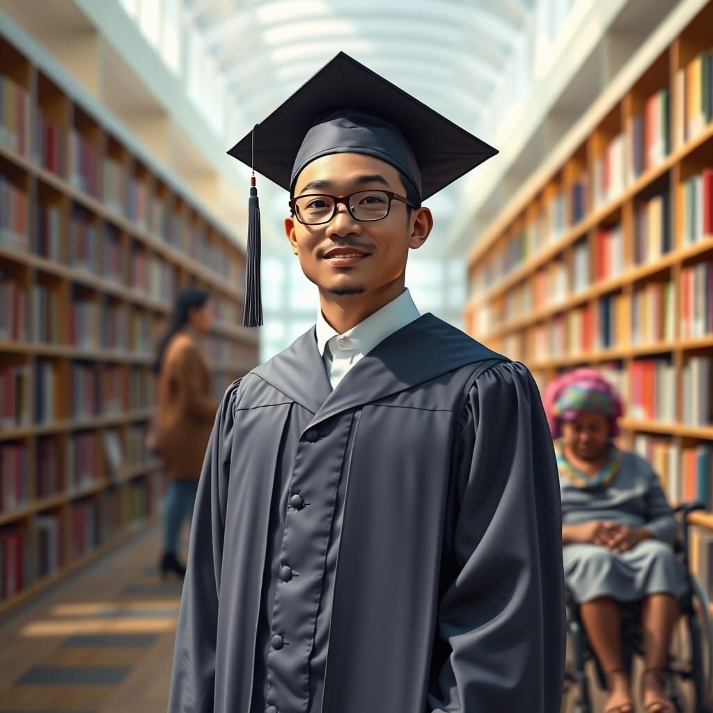 Proud College Graduate in Library, Detailed Digital Art