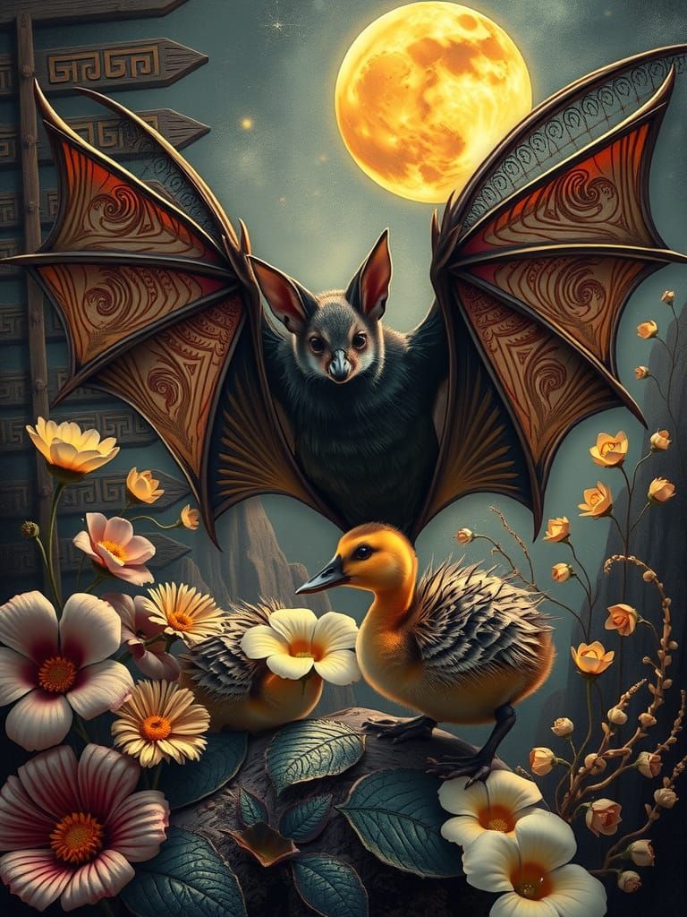 Bat and Duckling in Surrealist Dreamscape