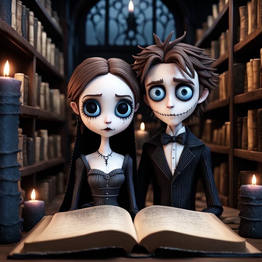 Gothic Anime Chibi Couple in Bookstore