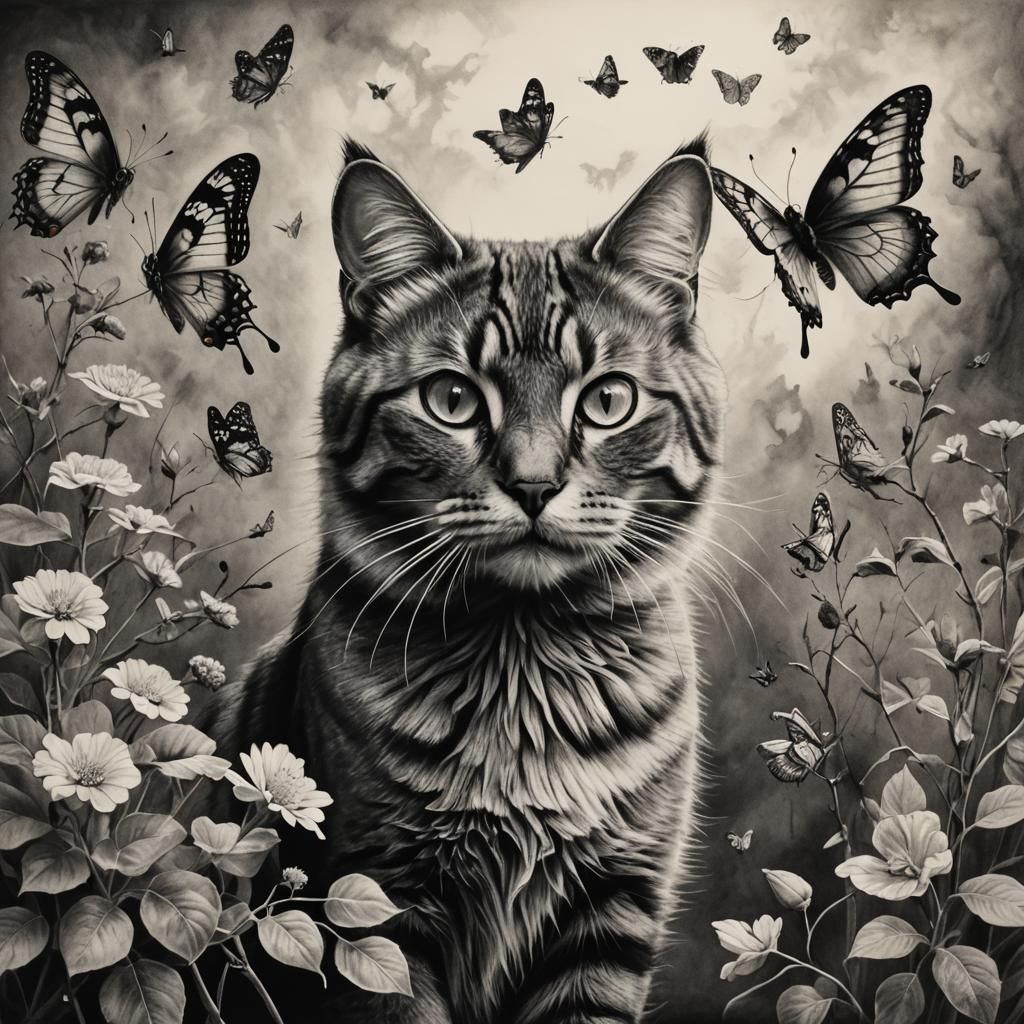 Hyperdetailed Charcoal Drawing of Cat and Butterfly