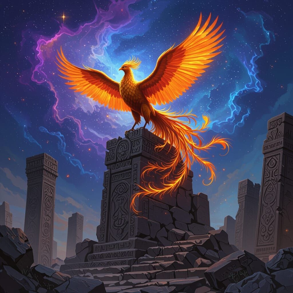 Fiery Phoenix Perched Atop Ancient Ruins