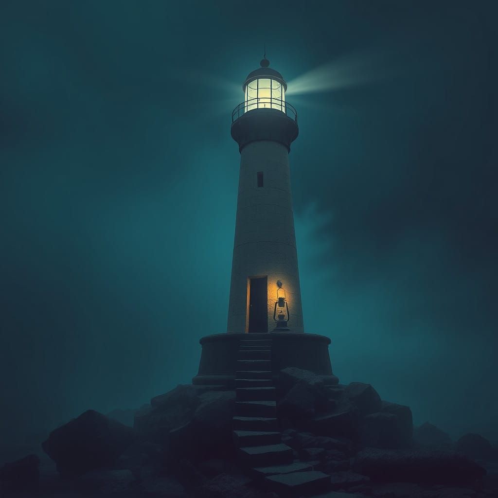 Fading Lighthouse in Desolate Cosmic Landscape