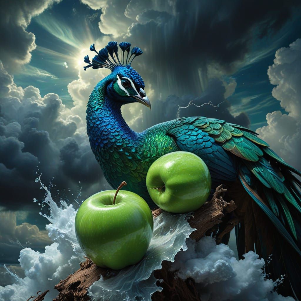 Surreal Apple and Peacock Dreamscape in Cubist Style