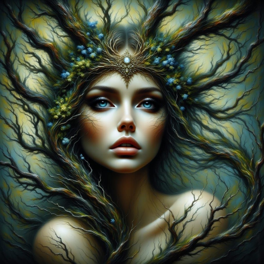 Forest Goddess Portrait in Art Nouveau Style