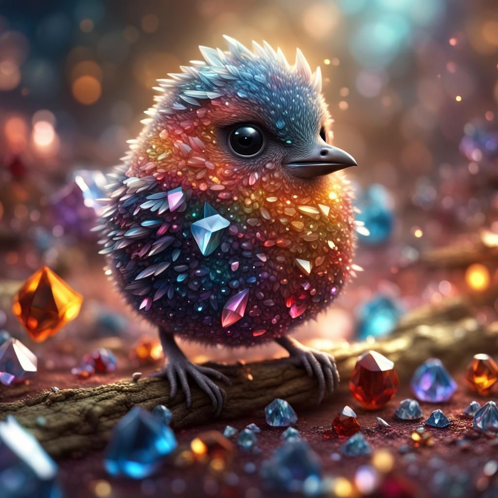 baby bird, chubby, made of sharp, long, colorful crystals, s...