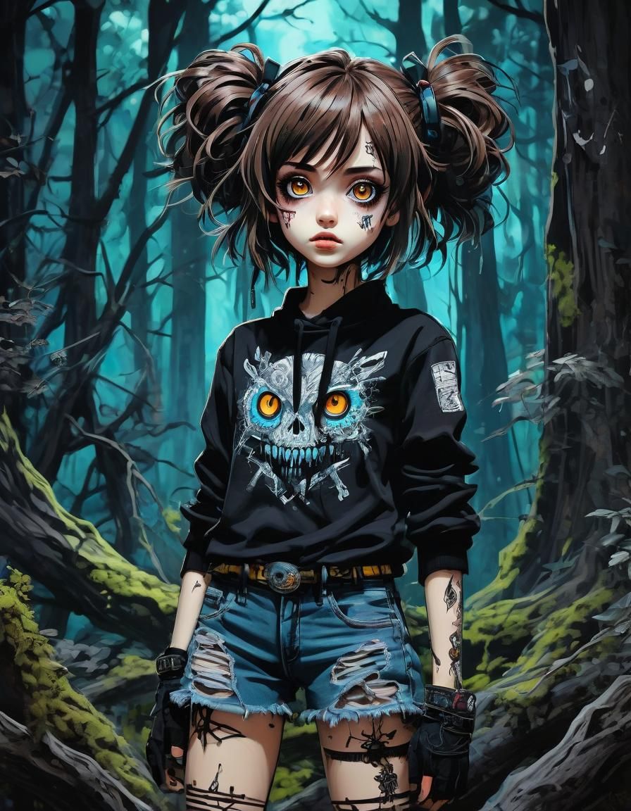 Neon Anime Girl in Creepy Dark Forest