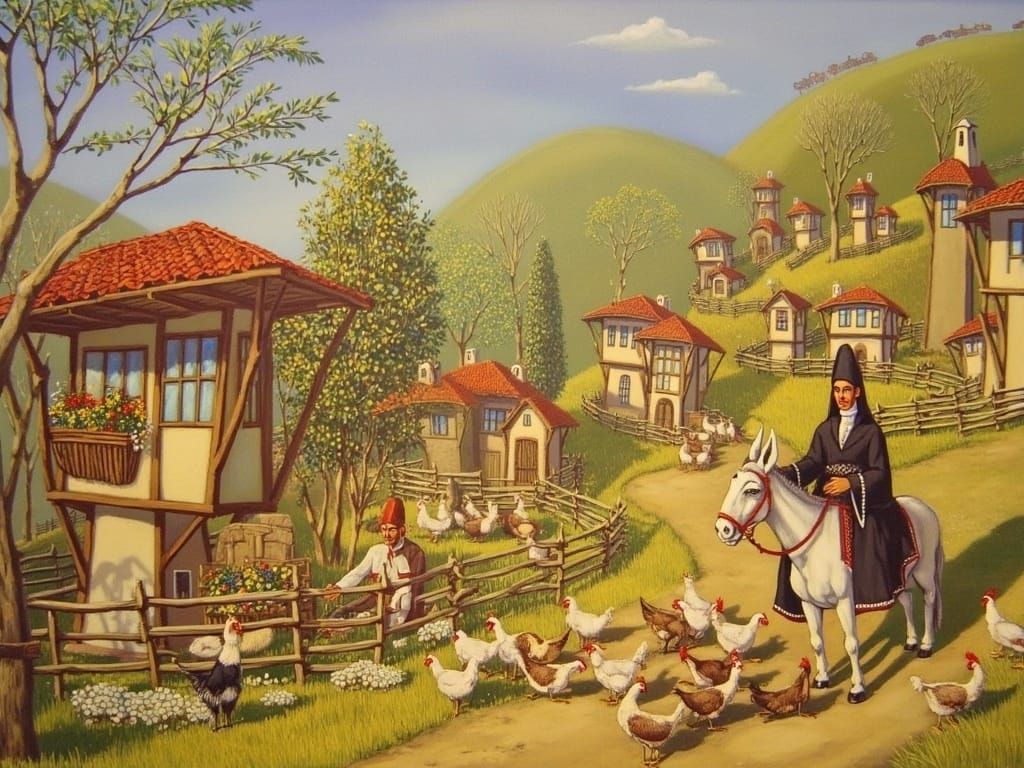 Rural Landscape with Priest in Naive Art Style