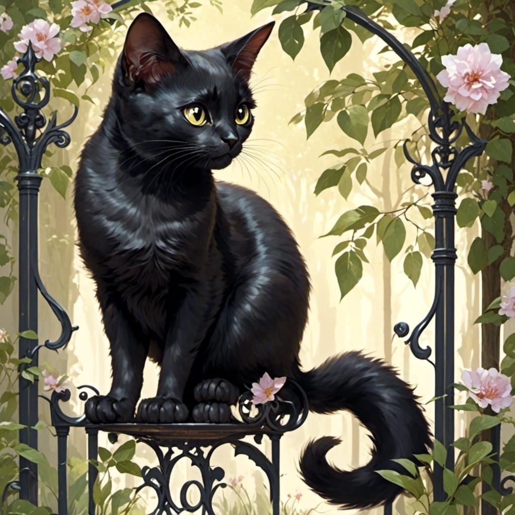 Elegant Black Cat Stretching: Animated Style
