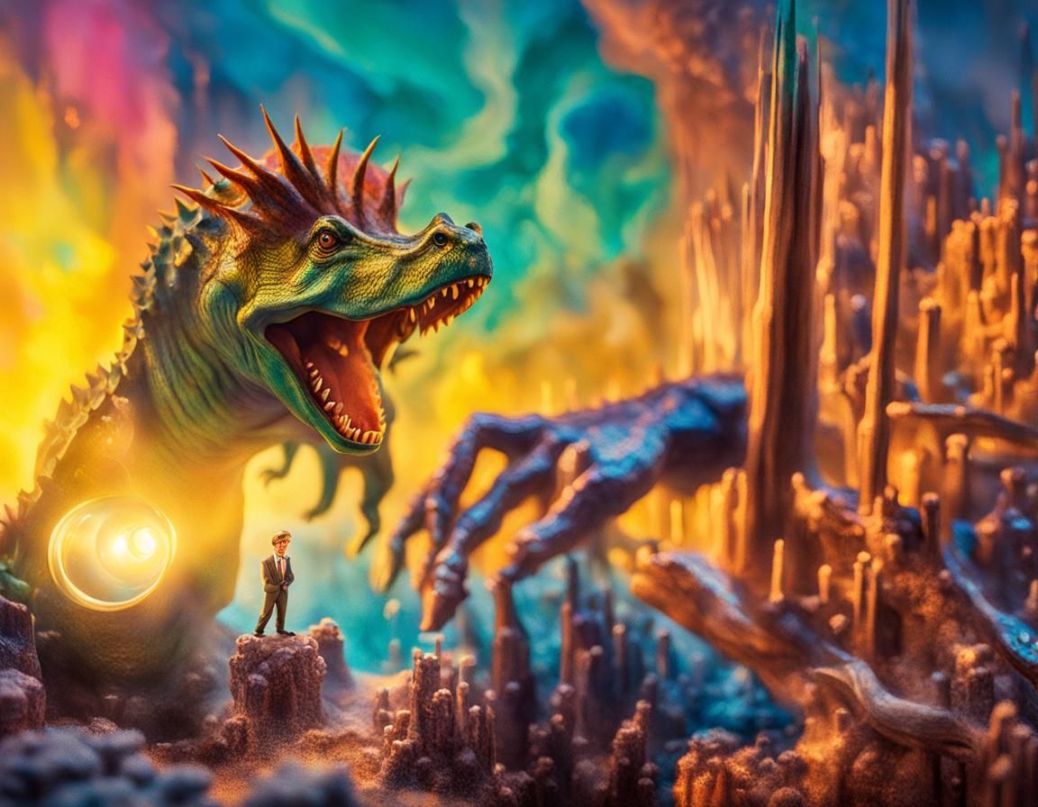 Surreal Giant Hand Reaching into Dinosaur Tank