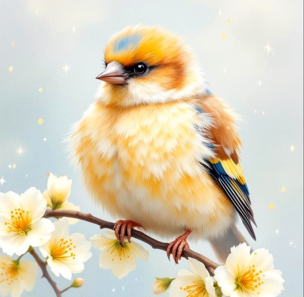 Fluffy Finch Preening Among Blossoms: Watercolour Painting