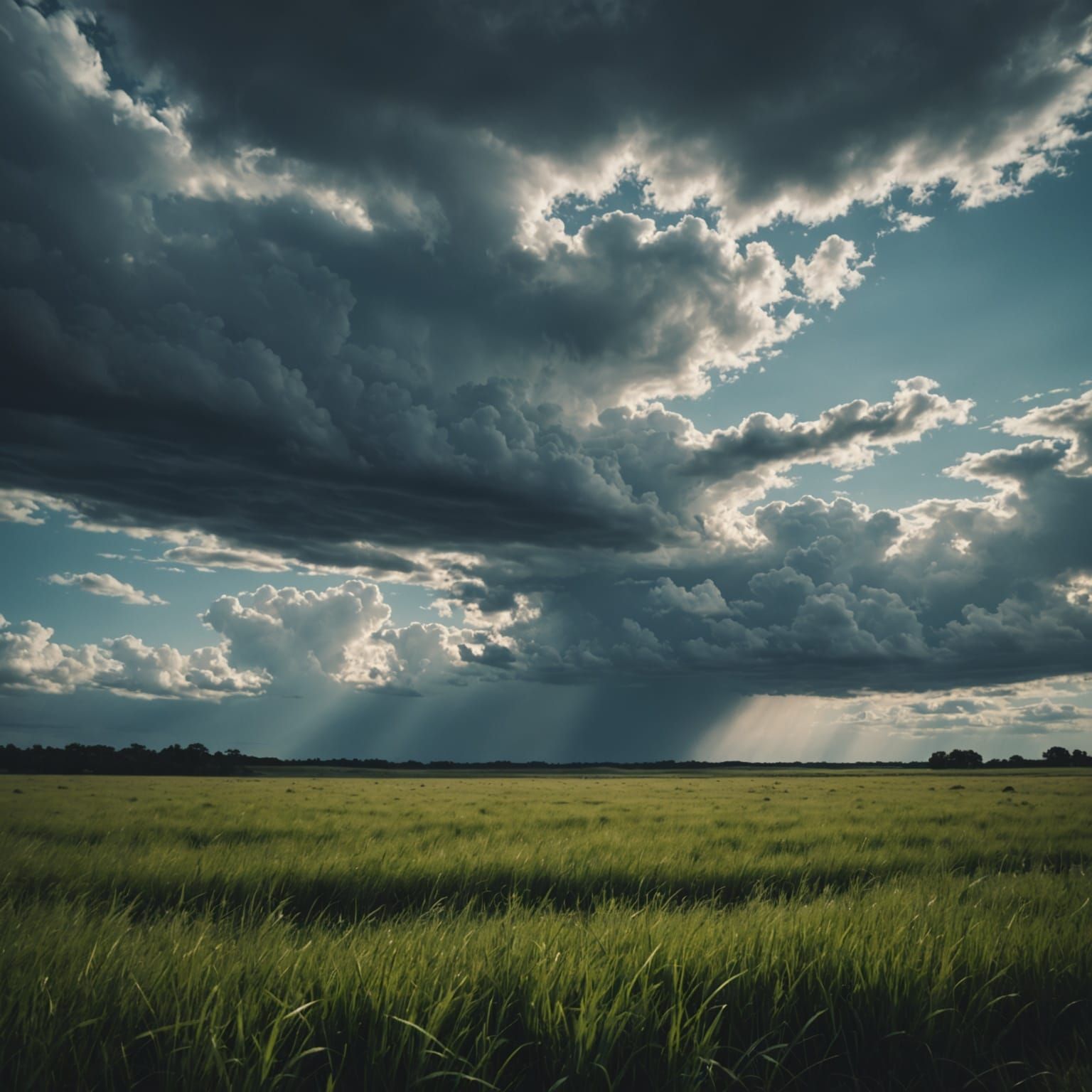 Dramatic Cloudy Skies Over Expansive Grassland