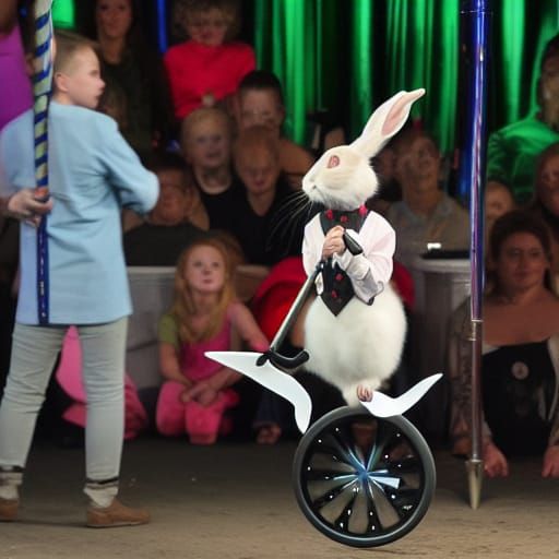 A magician was making a rabbit appear on a Unicycle at the circus