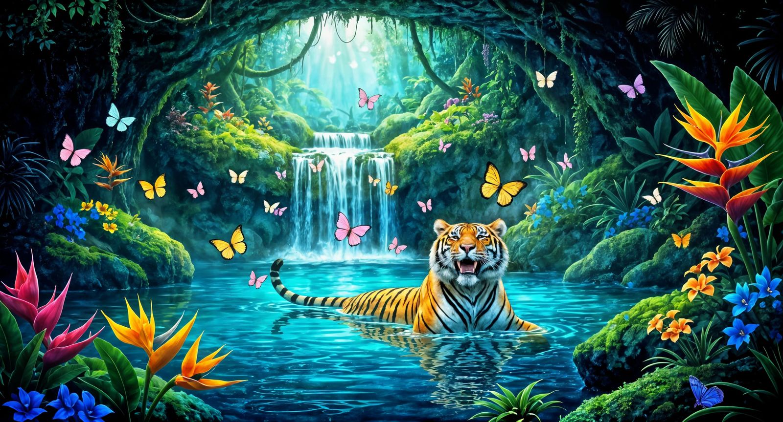 Tiger bathing in butterfly paradise jungle grotto.