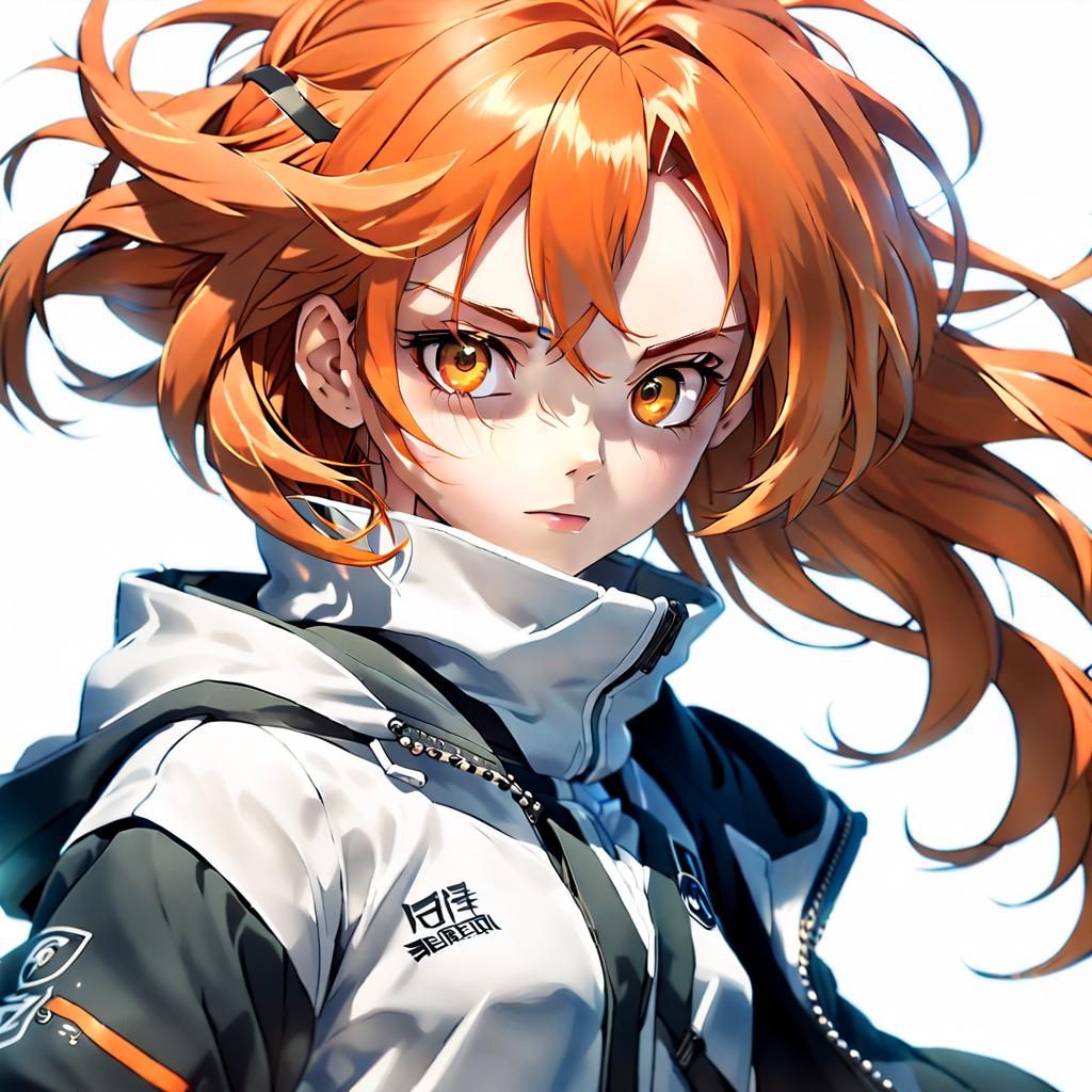 Anime Woman with Flowing Orange Hair